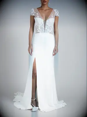 Crepe and lace mermaid gown with illusion cap sleeves