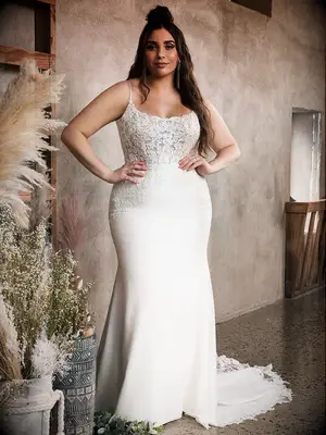 Fit and flare gown with floral lace bodice and spaghetti straps