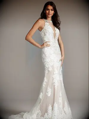 Fit and flare floral lace gown with halter neck