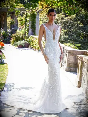 Mermaid dress with plunging neckline with beading