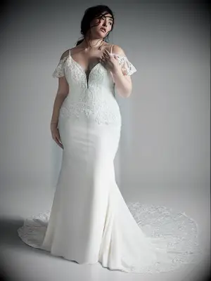 Fit and flare gown with cold shoulder sleeves and beaded bodice