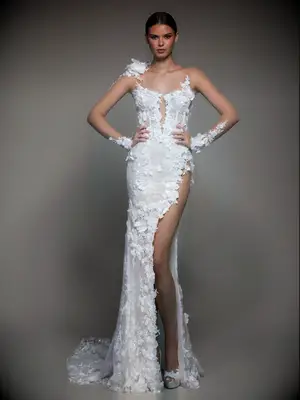 Illusion long sleeve gown with high slit and floral applique