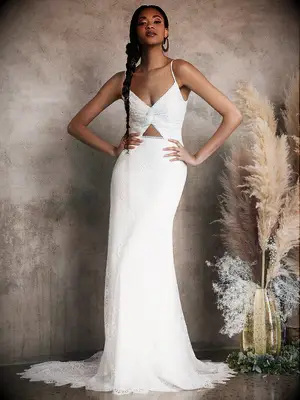 Lace gown with twist and cutout in bodice