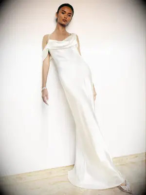 Simple Reformation silk wedding gown with asymmetric neckline