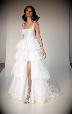 Tiered taffeta square-neck wedding gown