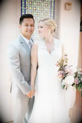 Queen Anne neckline with lace sleeves