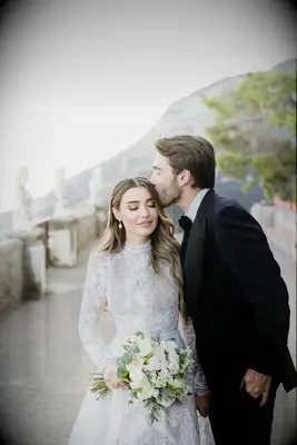 Bride wearing high neck wedding dress