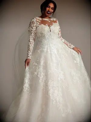 Illusion neckline and long sleeves with floral sequin design and tulle skirt