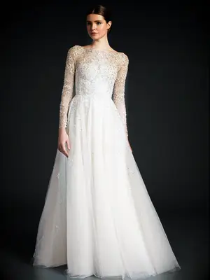 Floral beaded illusion long sleeve bodice with A-line tulle skirt