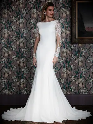 Illusion floral lace long sleeves with fit and flare skirt