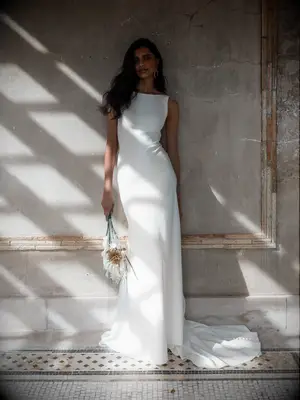 Crepe gown with fit and flare skirt and scoop back