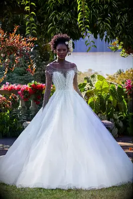 Illusion off the shoulder neckline and sleeves on A-line dress with pearls