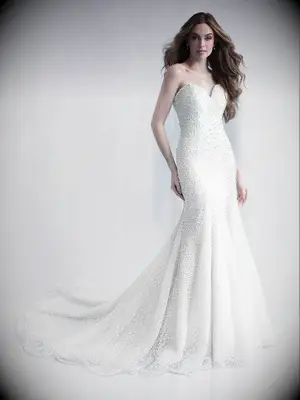 Strapless fit and flare gown with all over pearl detail