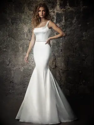 Satin strapless fit and flare dress with pearl belt