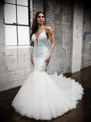 Fit and flare gown with plunging neckline, tulle skirt and floral applique with pearls