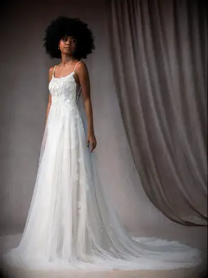 Floral applique tulle gown with spaghetti straps