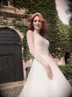 Long illusion sleeves and A-line skirt with pearl beading