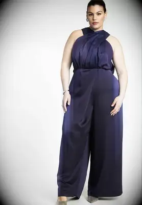 ELOQUII blue draped neck wedding guest jumpsuit