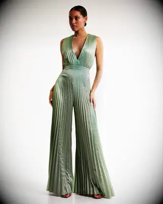 Abercrombie & Fitch green pleated wedding guest jumpsuit