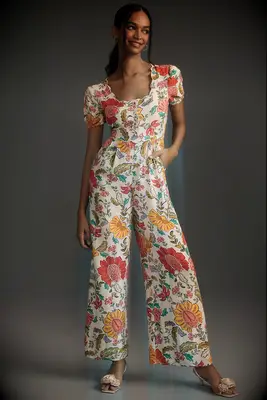 Farm Rio x Anthropologie floral puff sleeve wedding guest jumpsuit