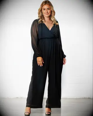 Kiyonna black chiffon jumpsuit for wedding guests