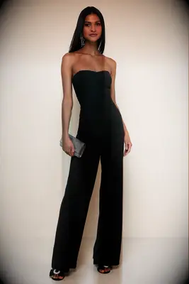 Lulus black strapless wedding guest jumpsuit