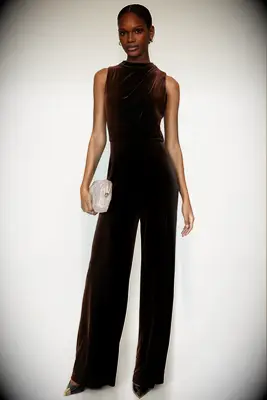Black Halo velvet wedding guest jumpsuit