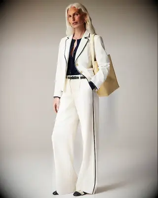 White suit with black piping from J. Crew