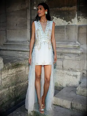 Sleeveless plunging neckline with tulle skirt attachment and gold and silver sequins