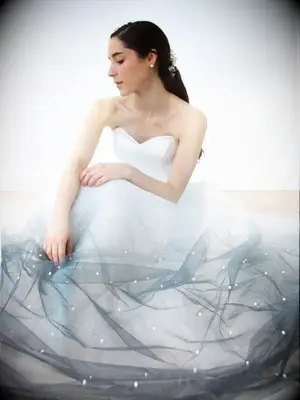 Strapless white to blue ombre dress with pearl embellishments