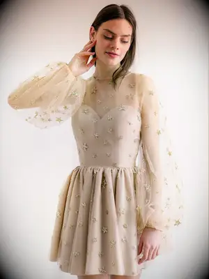 Mini dress with tulle long sleeves and neckline and sparkly gold stars