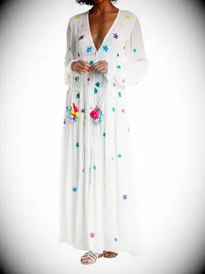 Maxi long sleeve V-neck dress with colorful stars and tassels on wrists