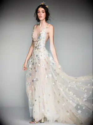 Tulle gold gown with plunging neckline and gold and silver stars