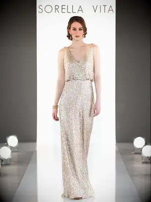 Sparkly gold maxi dress with V-neck and ruched waist