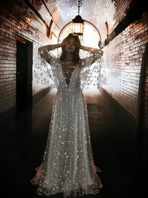 A-line dress with illusion sleeves and plunging neckline with metallic stars