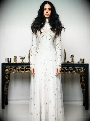 High neck gown with long sleeves and gold and silver constellation embellishments