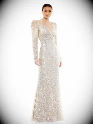 Long sleeve maxi gold sequin gown with V neck