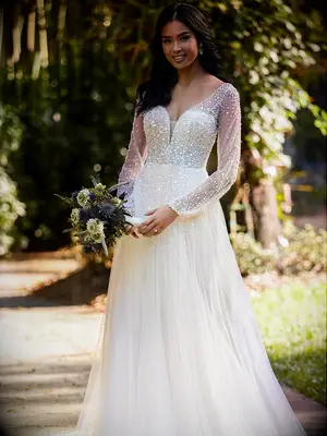 Tulle dress with beaded illusion long sleeves and beading on bodice