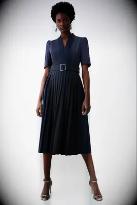 Navy Structured Crepe Forever Pleat Belted Midi Dress for grandmother of the bride