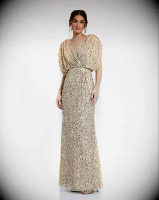 Draped sleeve v-neck gold sequin grandmother-of-the-bride gown