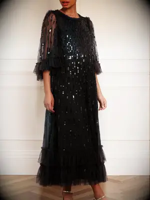 Long-sleeve black sequin ankle-length grandmother-of-the-bride dress