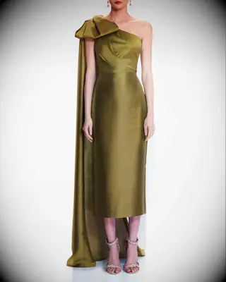 Green one-shoulder midi-length grandmother-of-the-bride dress