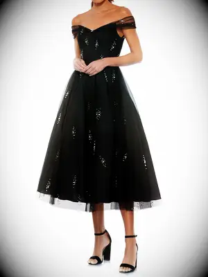 Beaded off-the-shoulder tulle midi dress for grandmother of the bride