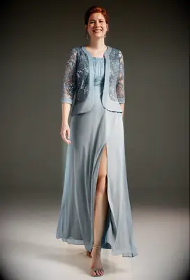 Silver blue a-line floor length dress with slit and matching glitter mesh jacket for grandmother of the bride