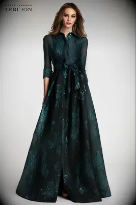 Emerald green metallic jacquard shirtdress gown with floral print