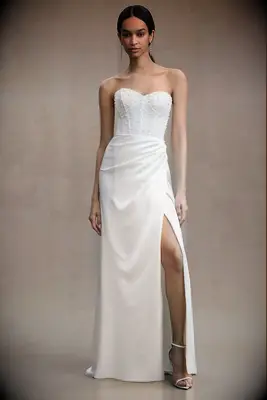 Strapless corset bodice wedding dress with leg slit