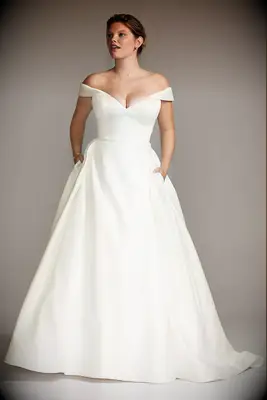 Off-the-shoulder satin wedding dress