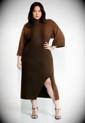 ELOQUII brown funnel neck fall wedding guest dress