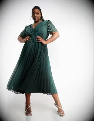 ASOS DESIGN green pleated midi fall wedding guest dress