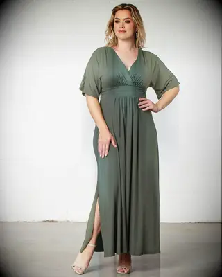Kiyonna green wrap front maxi fall wedding guest dress